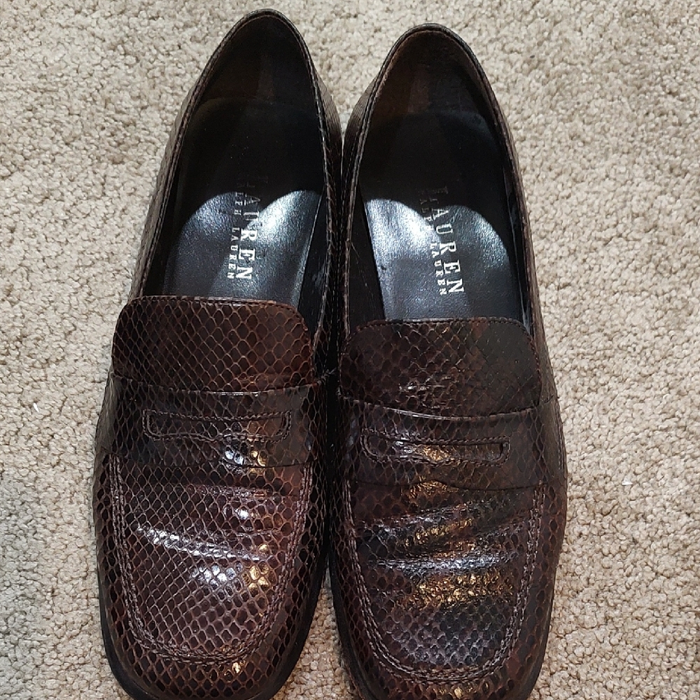 Ralph Lauren Women's Brown Leather Loafers With Snake Skin Pattern